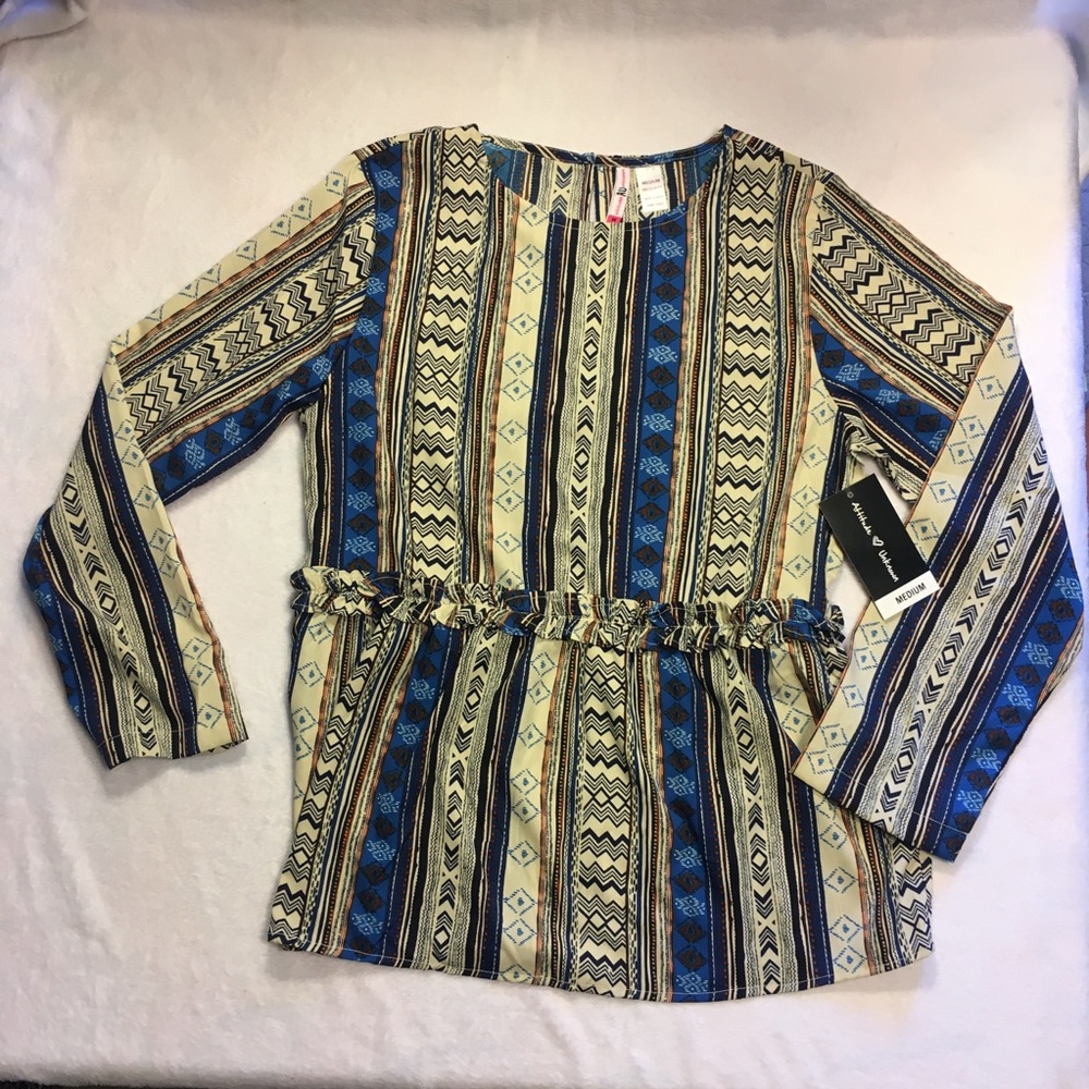 Attitude Unknown Peplum Top Women Medium Tribal‎ Striped New Long Sleeve Boho